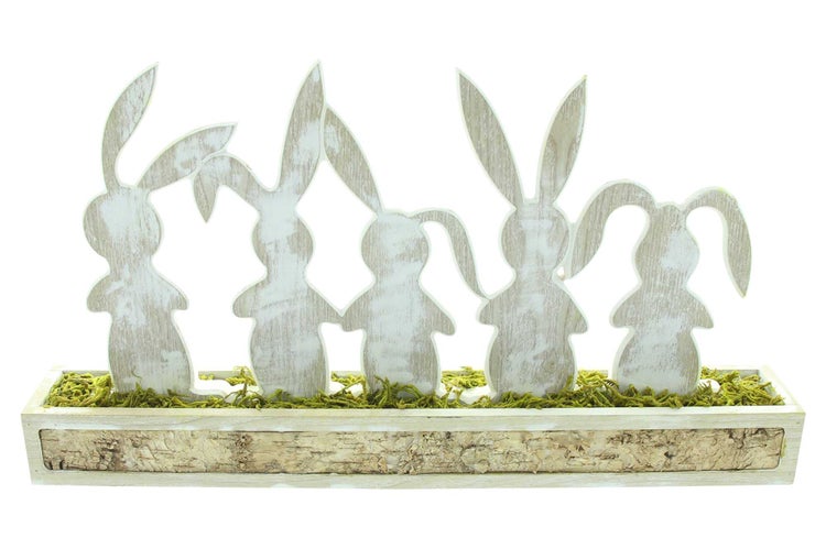 FRANK FLECHTWAREN | Holzdeko Häschenbande, HOLZ, NATURMOOS, BIRKE, 47 x 7 x 25 cm