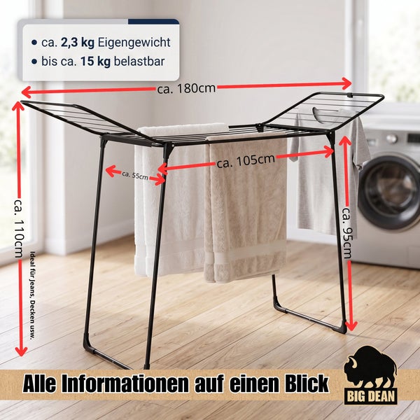 Wäscheständer aus Metall mit ausklappbaren Flügeln, Maßen und Traglastangaben für effizientes Wäschetrocknen im Innenbereich von Big Dean.