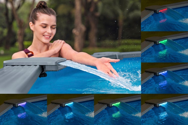 LED-Wasserfall für Aufstellpools mit verschiedenen Farbeinstellungen am Beckenrand.