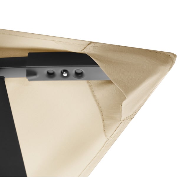 Detailansicht einer Pavillon Ecke mit verstellbarem Metallrahmen und Textilbespannung.