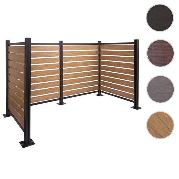 Moderner Sichtschutzzaun aus Holzlamellen mit Metallpfosten und vier Materialmustern.