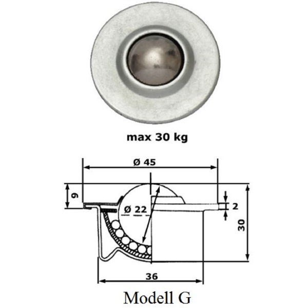 Kugelrolle Modell G mit 22 Millimeter Kugel und 30 Kilogramm Tragkraft inklusive technischer Zeichnung
