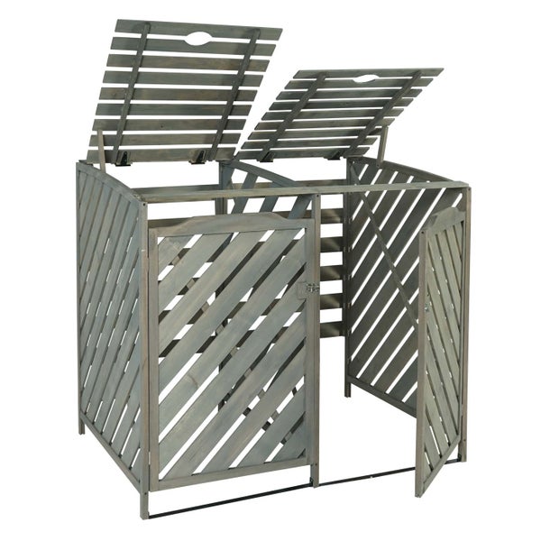 Doppel-Mülltonnenbox aus Holz mit zwei aufklappbaren Deckeln und einer Tür