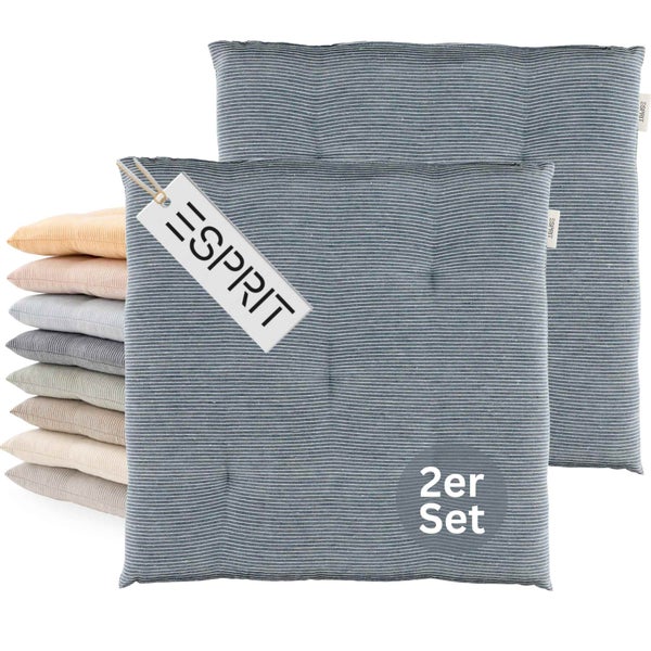 Zweier-Set graublaue quadratische Stuhlkissen von Esprit mit feinem Streifenmuster und Punktsteppung. Esprit Logo.