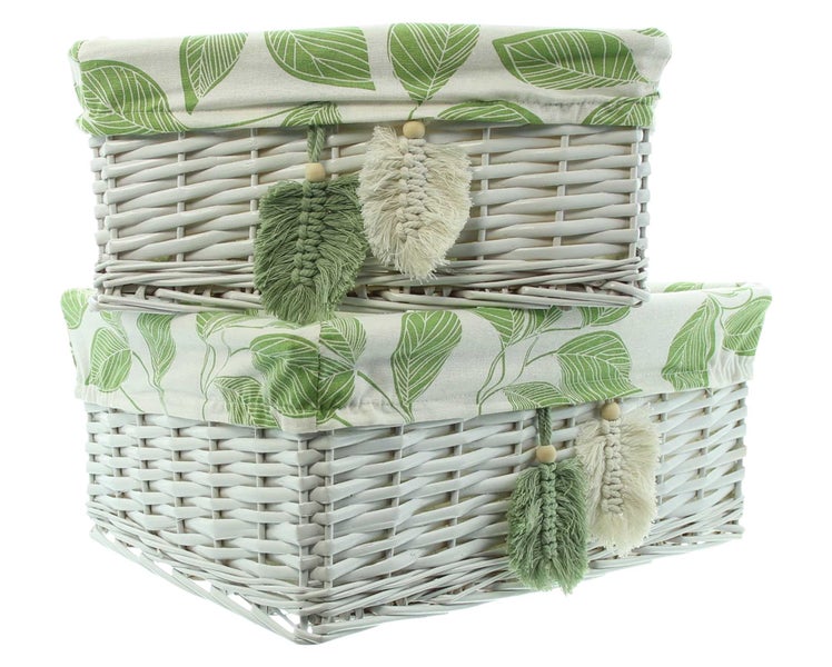 FRANK FLECHTWAREN | Korbset Blätter, 3tlg., Wäschekorb 47 x 35 x 55 cm, Füllkörbe 34 x 25 x 15 cm, 40 x 31 x 17 cm, WEIDE, TEXTIL, KUNSTLEDER,