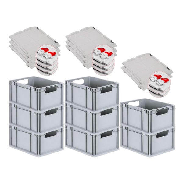 PROREGAL Spar Set 8x Eurobox Nextgen Economy Mit Scharnierdeckel & Roten Schiebeschnappverschlüssen Griffe Offen HxBxT 22 x 30 x 40 cm 20 Liter