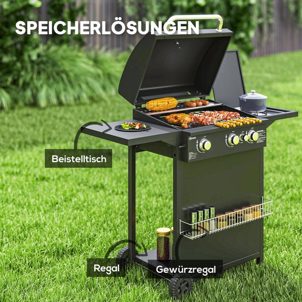 Outsunny Gasgrill 9,5 KW Grillwagen inkl 4 Brenner Seitenkocher Rolle Druckminderer Gasschlauch Deckel 2 Heizzonen Thermometer Seitenablagen, BBQ Gartengrill für Balkon, Grill 123x57x98 cm