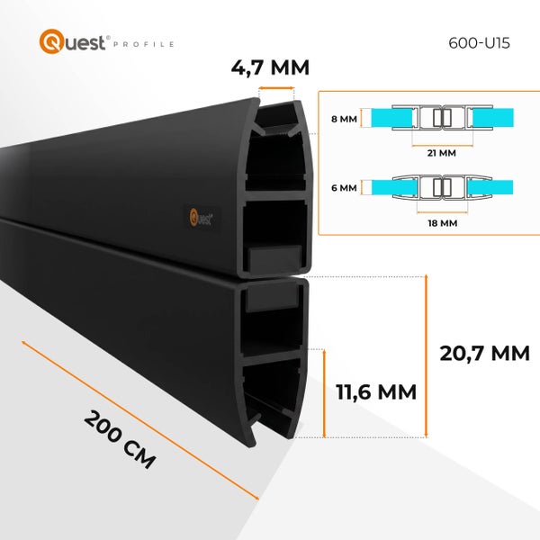 Quest Profile 600-U15 Dichtungsprofil. Maße: Länge 200 Zentimeter, Spalt 4,7 Millimeter, Höhen 11,6 und 20,7 Millimeter. Quest Profile Logo.
