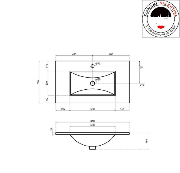 Technische Zeichnung eines Waschtisches mit Maßangaben