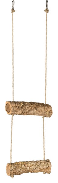 Vogelspielzeug Leiter aus Naturkork mit Seilen und Karabinern zur Befestigung.