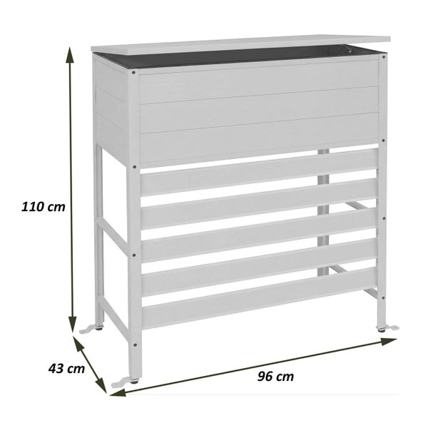 Hochbeet aus Metall in Anthrazit mit Staufach, Klappdeckel und Latten-Design.