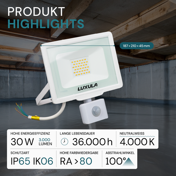 Luxula LED-Außenstrahler mit Bewegungsmelder, 30 Watt, 3000 Lumen, Schutzart IP65 IK06