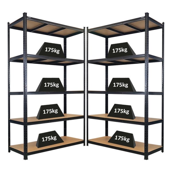 Zwei Metallregale mit jeweils vier Ebenen und einer Traglast von 175 kg pro Ebene.