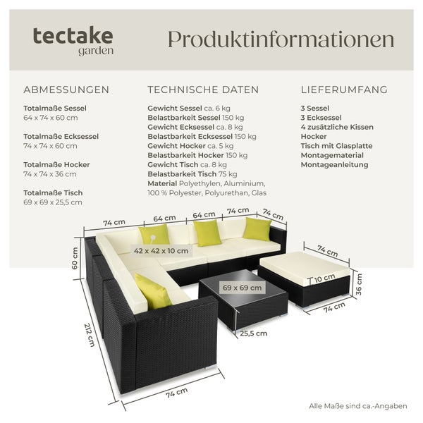 Rattan Lounge tectake Marbella mit Sicherheitsglasplatte mit Aluminiumgestell schwarz