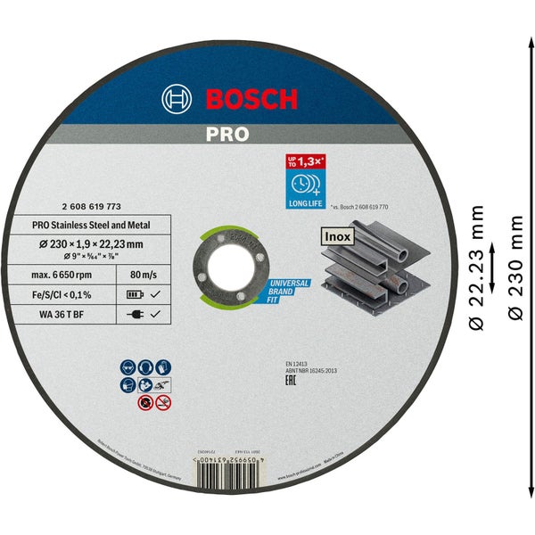 Bosch PRO Stainless Steel and Metal Trennscheibe 230 x 1,9 x 22,23 mm - 2608619773