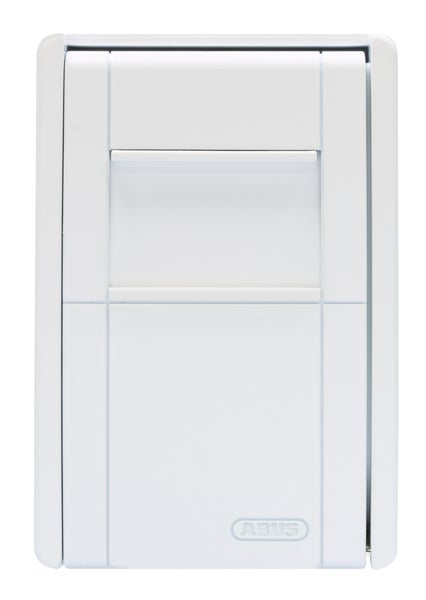 ABUS Fenstersicherung in Weiß, vertikales rechteckiges Design mit Schutzschieber.