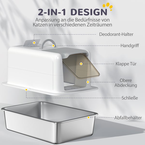 PawHut Katzenklo, Katzentoilette mit Deckel, Wanne aus Edelstahl, eingebauter Streufilter, inklusive Streuschaufel, für Katzen bis 6 kg, Weiß