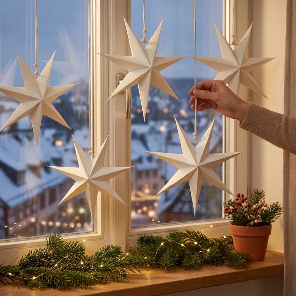 Weihnachtliche Fensterdekoration mit hängenden Papiersternen vor einem Fenster mit Tannenzweigen und Lichterkette auf der Fensterbank.