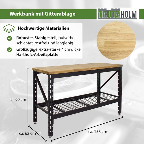 Werkbank 153x62x99 cm 500 kg Stahlgestell Hartholzplatte Werktisch Arbeitstisch Tisch Werkstatttisch
