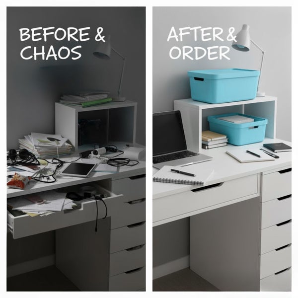 Vorher und nachher: Ein unordentlicher Schreibtisch im Vergleich zu einem aufgeräumten Arbeitsplatz mit Aufbewahrungsboxen