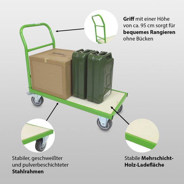 Handwagen mit Paket und Kanistern auf einer Mehrschicht Holz Ladefläche mit Stahlrahmen