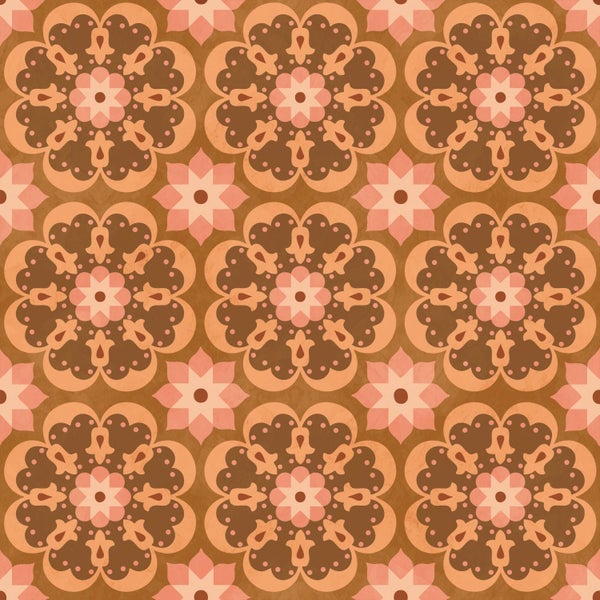 Tapete mit braunem und rosafarbenem floralem Mandala Muster im Retro Stil