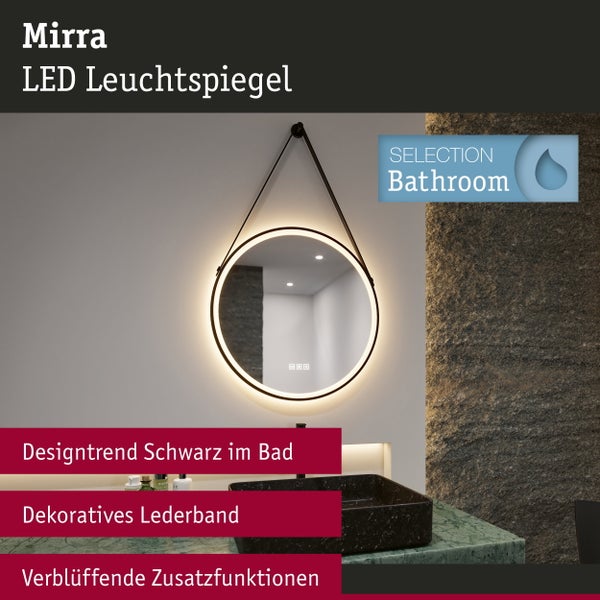 Runder LED-Leuchtspiegel Mirra mit schwarzem Lederband und Touch-Funktion in einem modernen Badezimmer.
