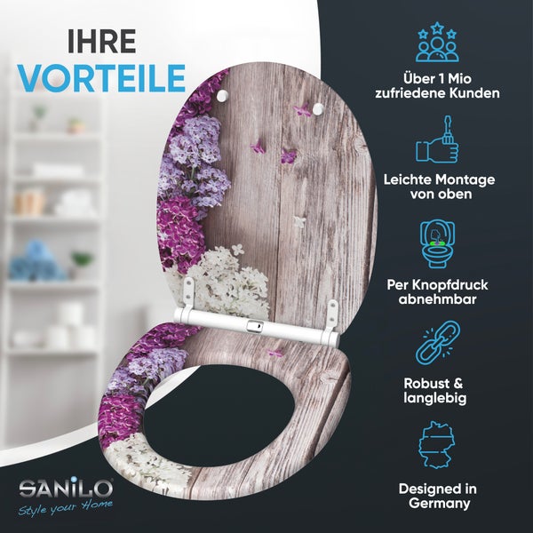 Sanilo WC Sitz mit Flieder und Holzoptik Motiv inklusive Montagevorteilen wie einfache Montage und Abnehmbarkeit per Knopfdruck