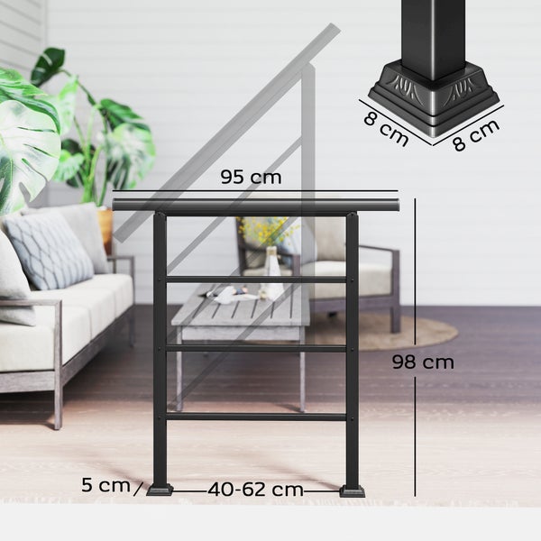 Verstellbares schwarzes Metall-Treppengeländer: Breite 95 Zentimeter, Höhe 98 Zentimeter, Fußabstand 40 bis 62 Zentimeter, Sockel 8 mal 8 Zentimeter.