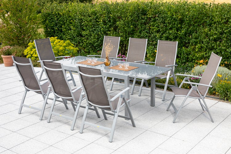Carrara Gartenmöbelset 9tlg., Klappsessel, Semi Ausziehtisch 150 (220) x 90 cm, taupe