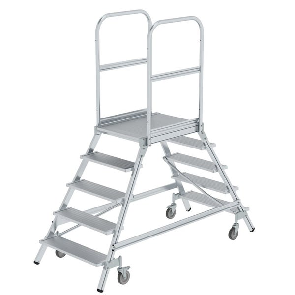 PROREGAL Podesttreppe Beidseitig Begehbar Mit Federrollen Aluminium Geriffelt 5 Stufen Rutschsichere Leiterschuhe