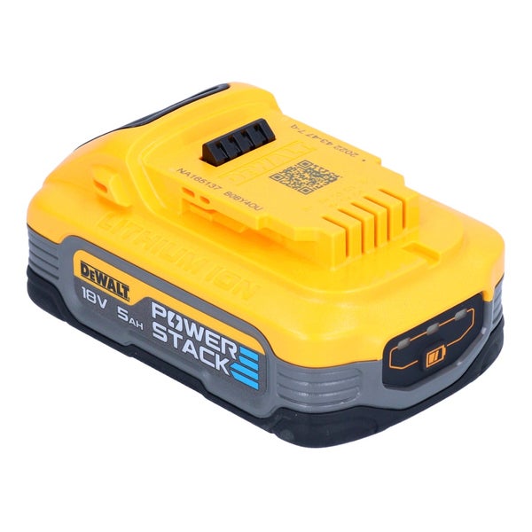 DeWALT Powerstack Akku 18 Volt 5 Amperestunden Lithium-Ionen in Gelb und Grau mit Ladestandsanzeige.
