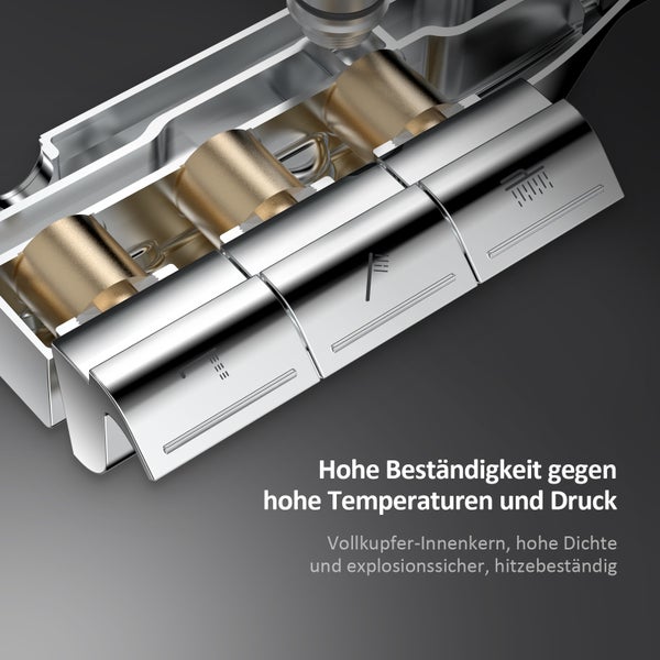 Detailansicht einer Armatur mit Symbolen für Wasserdruck und Temperatur