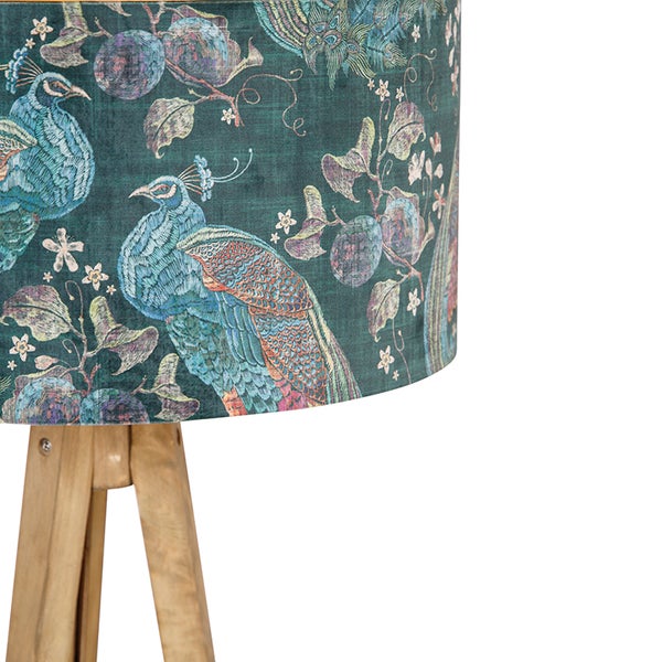 Stehlampe mit Pfauenmuster und Holzfuß