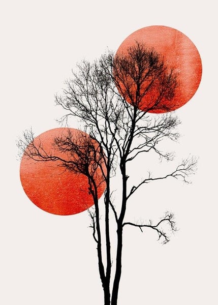 Wandbild mit schwarzer Baum-Silhouette und zwei roten Kreisen in abstraktem Design.
