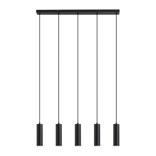 Fünfflammige Pendelleuchte mit schlanken zylindrischen Leuchtenköpfen an einer rechteckigen Deckenhalterung in modernem Design