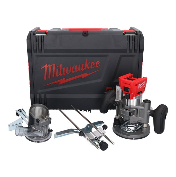 Milwaukee Oberfräsen-Set mit Transportkoffer, Parallelanschlag und Absaugadapter.