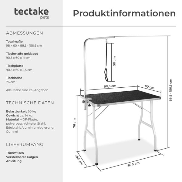 Produktinformationen zu einem Hundefrisiertisch mit Galgen von tectake pets