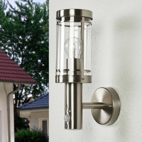 Lindby Edelstahl Wandlampe mit Bewegungsmelder, Wandleuchte aussen Außenleuchte IP44 Außenlampe 1x E27 ohne Leuchtmittel Außenwandleuchten Garten