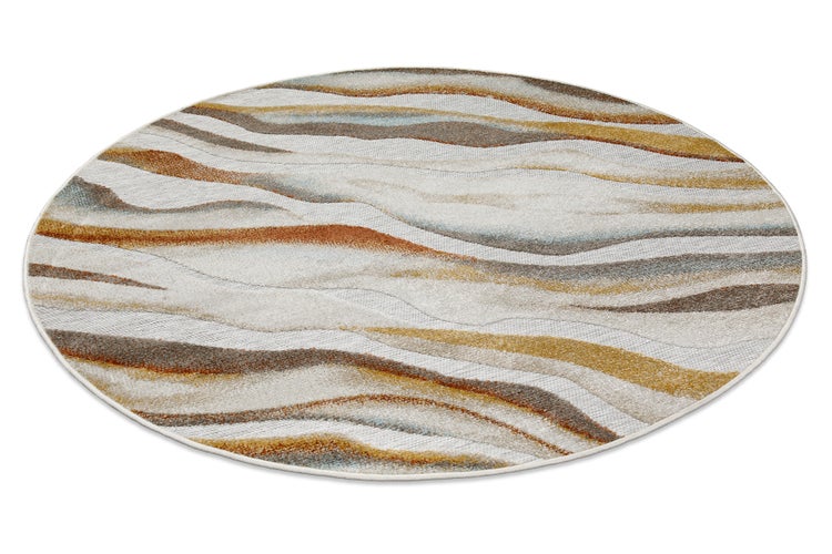 Runder Teppich mit abstraktem Wellenmuster.