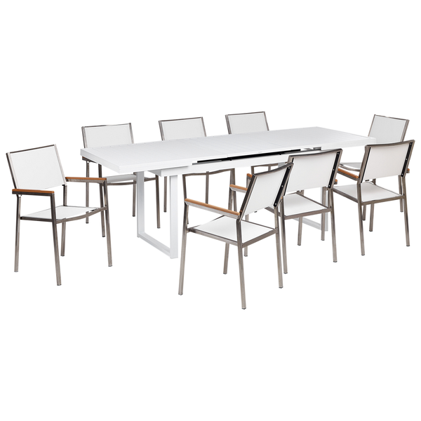 Gartentisch mit acht Stühlen aus Metall und Kunststoff
