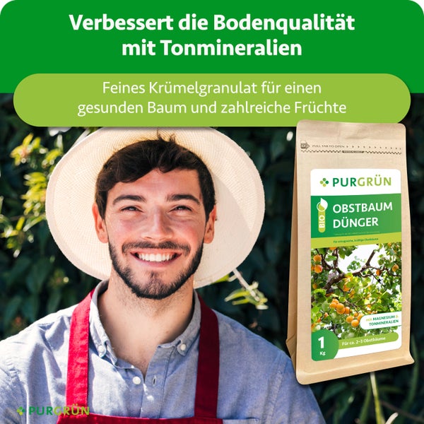 Ein lächelnder Gärtner mit Strohhut neben einer 1 Kilogramm Packung Purgrün Bio Obstbaumdünger Granulat mit Magnesium und Tonmineralien.