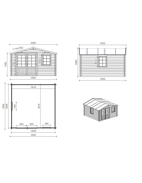 Technische Zeichnung eines Gartenhauses mit Maßen: Grundriss, Frontansicht, Seitenansicht und 3D-Skizze mit Doppeltür und Fenster.