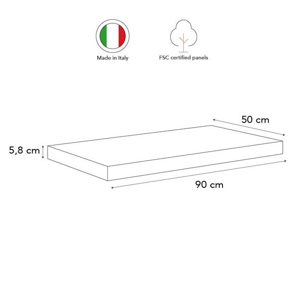 Technische Zeichnung eines rechteckigen Wandboards mit den Maßen 90 mal 50 mal 5,8 Zentimeter, Made in Italy und FSC zertifiziertes Material.