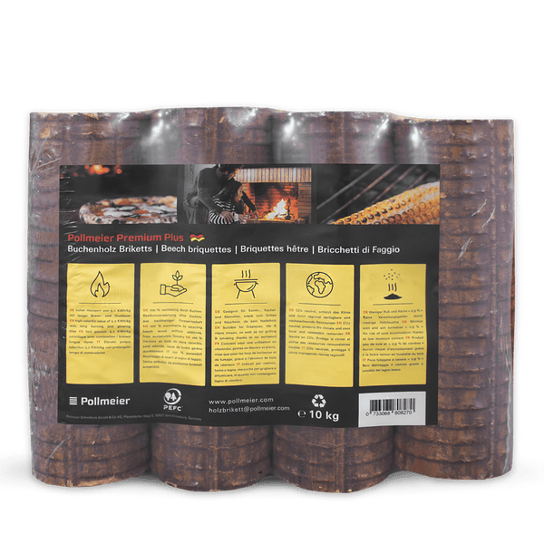Pollmeier Premium Plus Buchenholzbriketts im 10 kg Pack, für Kamin, Kachelofen und zum Grillen geeignet.