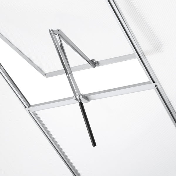 Automatischer Fensteröffner für Gewächshaus-Dachfenster aus Metall mit temperaturgesteuertem Zylinder.