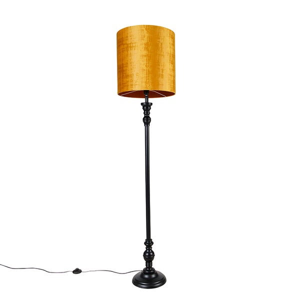QAZQA - Klassisch I Antik Stehlampe schwarz mit Gold I Messingenem Stoffschirm 40 cm - Classico I Wohnzimmer I Schlafzimmer - Textil Länglich - LED geeignet E27