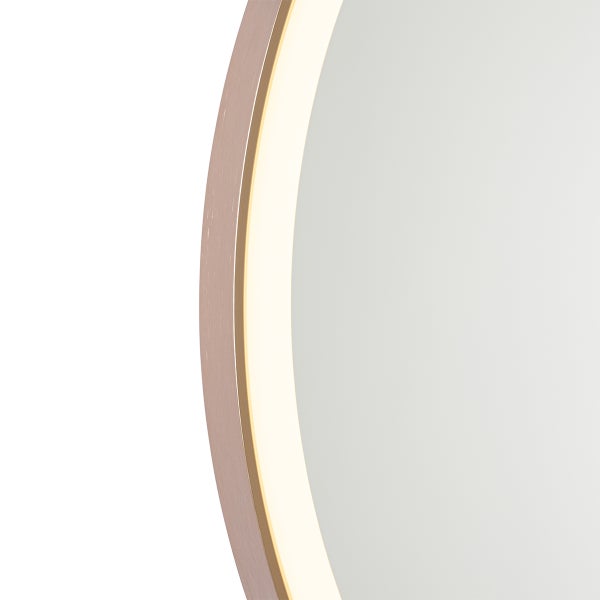 Detailaufnahme eines runden Spiegels mit Rahmen und LED-Beleuchtung.