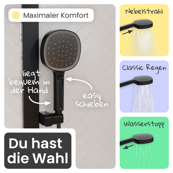 Schwarze Handbrause mit Schiebeschalter für Strahlarten Nebelstrahl, Regenstrahl und Wasserstopp-Funktion.