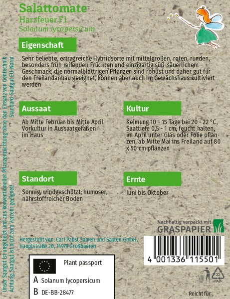 Rückseite der Samenpackung für Salattomate Harzfeuer F1 mit Hinweisen zu Aussaat, Pflege und Ernte. Nachhaltige Verpackung aus Graspapier.